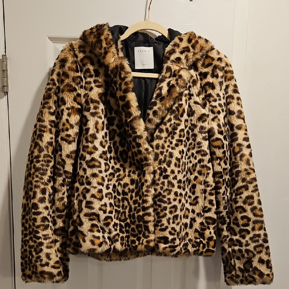 Sandro Paris Leopard Print Hooded Coat.